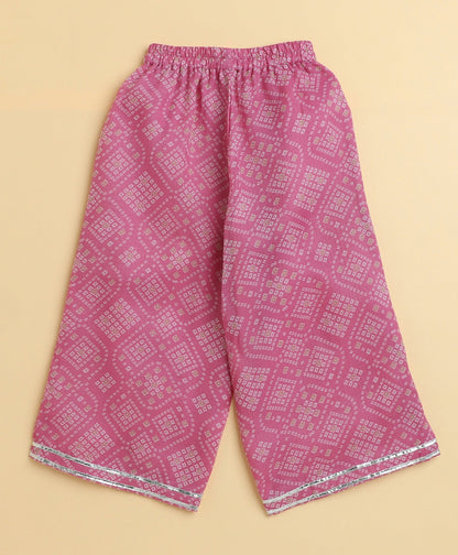 The Magic Wand Woven Puff Sleeves Bandhani Printed Ruffle Layered Top and Bottom Set- Pink