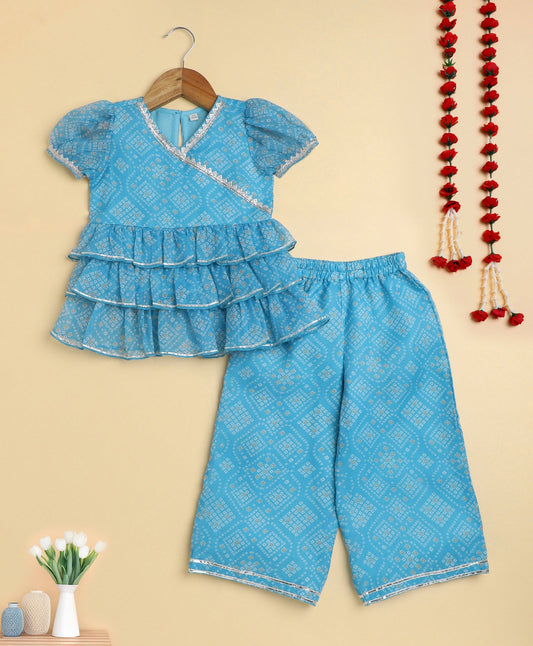 The Magic Wand Woven Puff Sleeves Bandhani Printed Ruffle Layered Top and Bottom Set- Blue