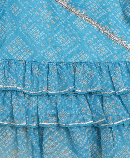 The Magic Wand Woven Puff Sleeves Bandhani Printed Ruffle Layered Top and Bottom Set- Blue
