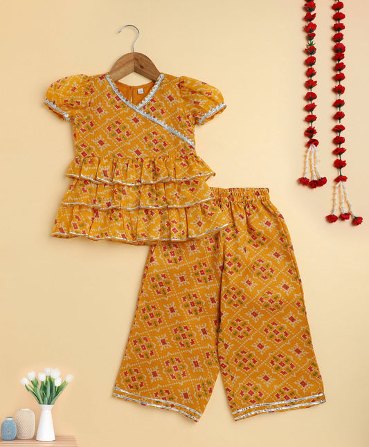 The Magic Wand Woven Puff Sleeves Bandhani Printed Ruffle Layered Top and Bottom Set- Yellow