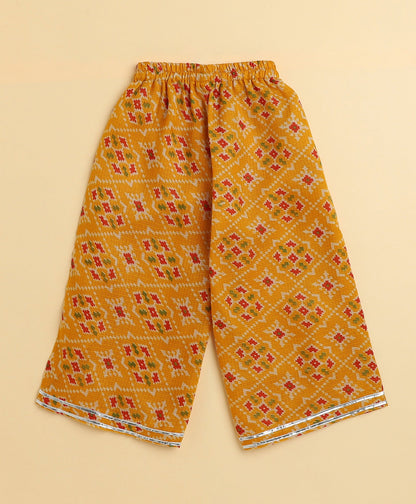 The Magic Wand Woven Puff Sleeves Bandhani Printed Ruffle Layered Top and Bottom Set- Yellow