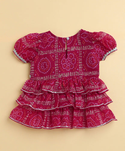 The Magic Wand Woven Puff Sleeves Bandhani Printed Ruffle Layered Top and Bottom Set- Fuchsia