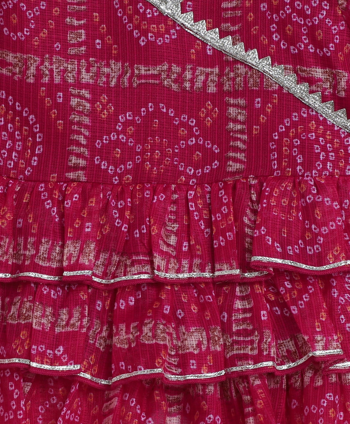 The Magic Wand Woven Puff Sleeves Bandhani Printed Ruffle Layered Top and Bottom Set- Fuchsia