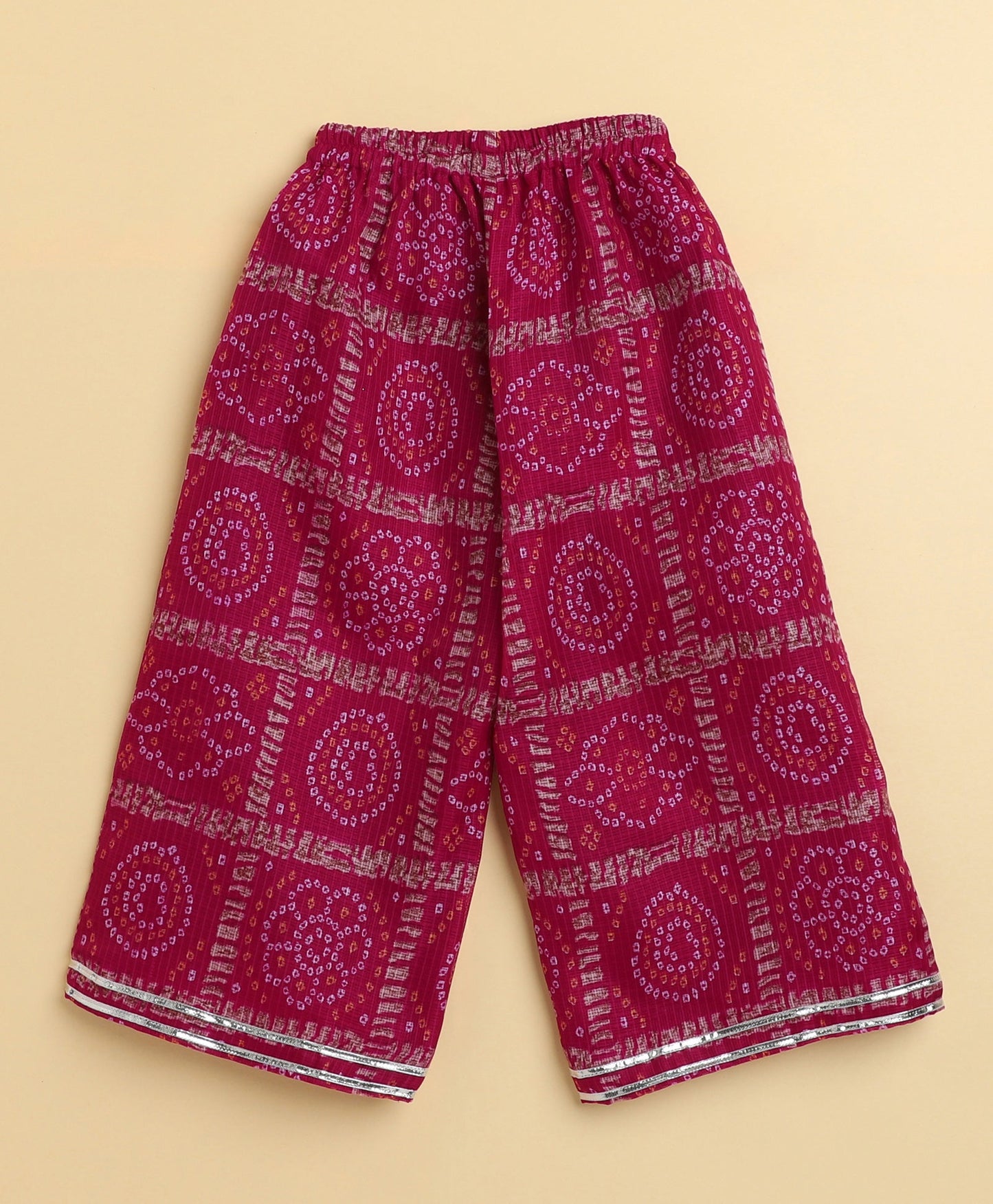 The Magic Wand Woven Puff Sleeves Bandhani Printed Ruffle Layered Top and Bottom Set- Fuchsia