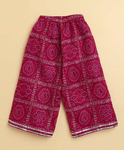 The Magic Wand Woven Puff Sleeves Bandhani Printed Ruffle Layered Top and Bottom Set- Fuchsia