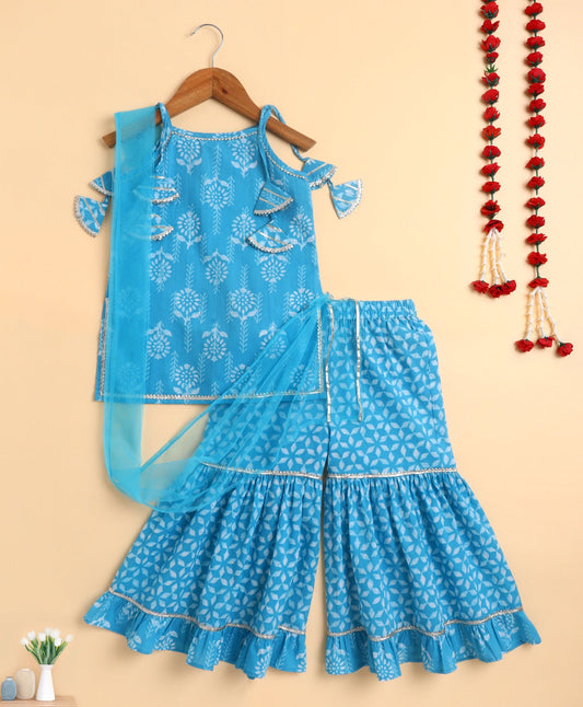 The Magic Wand Cambric Cotton woven Shoulder Tie Ups Printed Kurta Sharara Dupatta Set- Blue