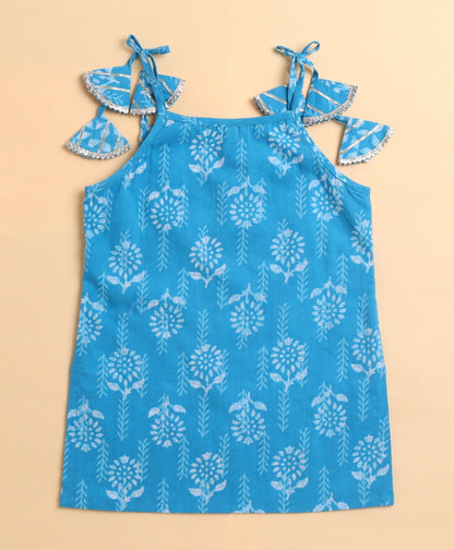 The Magic Wand Cambric Cotton woven Shoulder Tie Ups Printed Kurta Sharara Dupatta Set- Blue