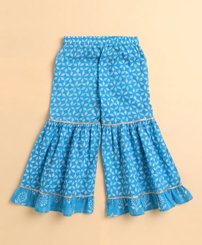 The Magic Wand Cambric Cotton woven Shoulder Tie Ups Printed Kurta Sharara Dupatta Set- Blue