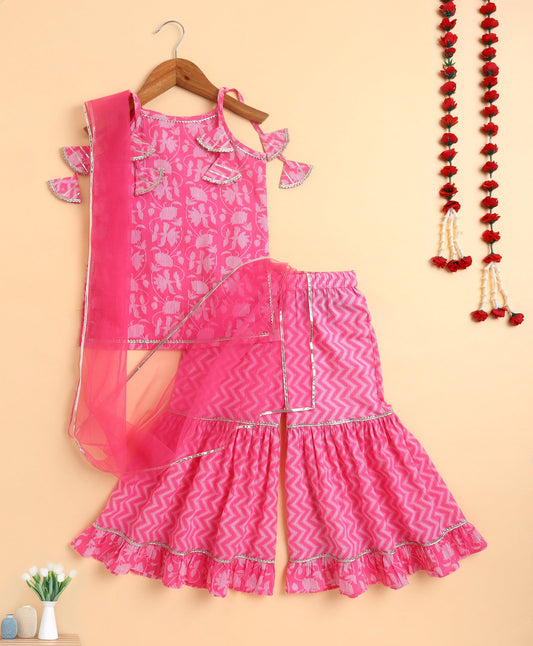 The Magic Wand Cambric Cotton woven Shoulder Tie Ups Printed Kurta Sharara Dupatta Set- Pink