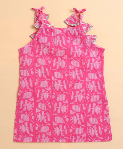 The Magic Wand Cambric Cotton woven Shoulder Tie Ups Printed Kurta Sharara Dupatta Set- Pink