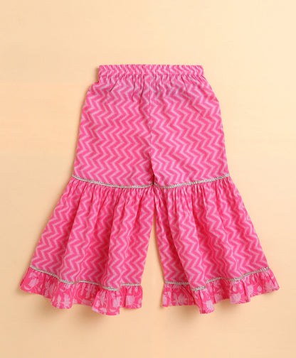 The Magic Wand Cambric Cotton woven Shoulder Tie Ups Printed Kurta Sharara Dupatta Set- Pink