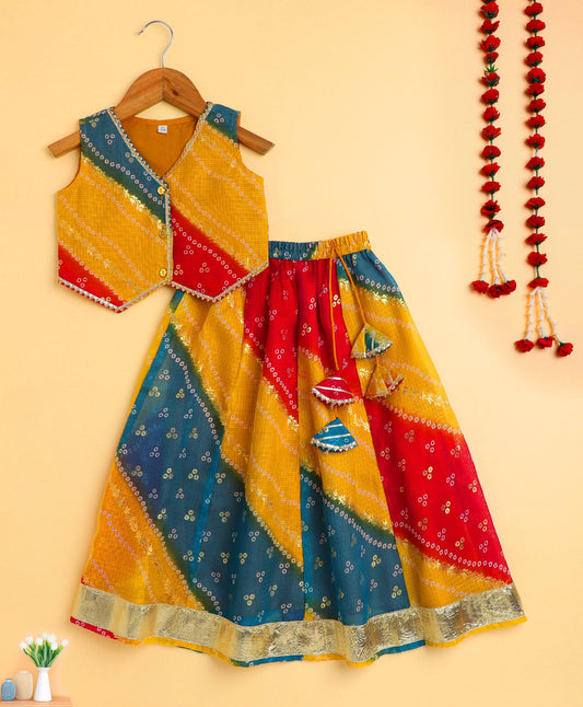 The Magic Wand Woven Kota Doriya Sleeveless Bandhani Printed Waist Coat Foil Lehenga Set - Multi Color