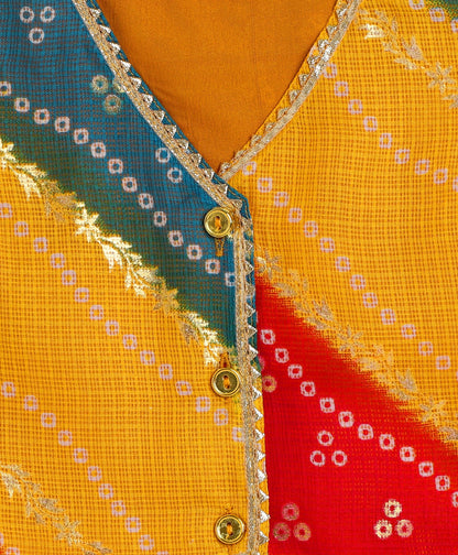 The Magic Wand Woven Kota Doriya Sleeveless Bandhani Printed Waist Coat Foil Lehenga Set - Multi Color