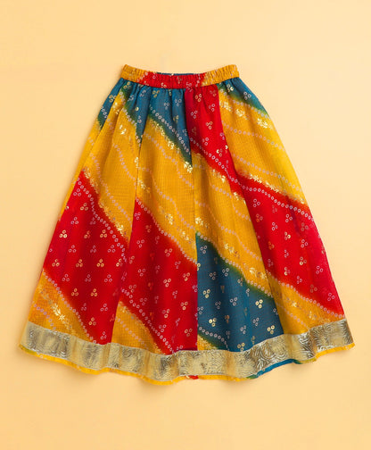 The Magic Wand Woven Kota Doriya Sleeveless Bandhani Printed Waist Coat Foil Lehenga Set - Multi Color