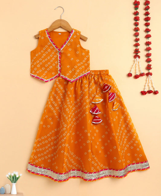 The Magic Wand  Kota Doriya Sleeveless Bandhani Printed Waist Coat Lehenga Set - Yellow