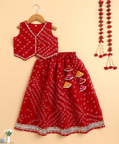 The Magic Wand  Kota Doriya Sleeveless Bandhani Printed Waist Coat Lehenga Set - Red