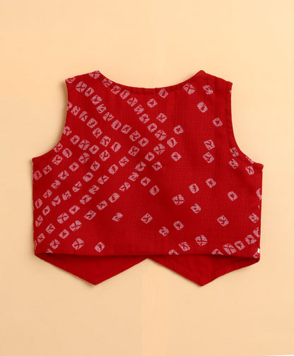 The Magic Wand  Kota Doriya Sleeveless Bandhani Printed Waist Coat Lehenga Set - Red
