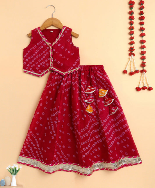 The Magic Wand Kota Doriya Sleeveless Bandhani Printed Waist Coat Lehenga Set - Fuchsia