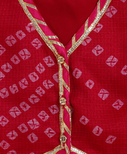 Kota Doriya Sleeveless Bandhani Printed Waist Coat Lehenga Set - Fuchsia