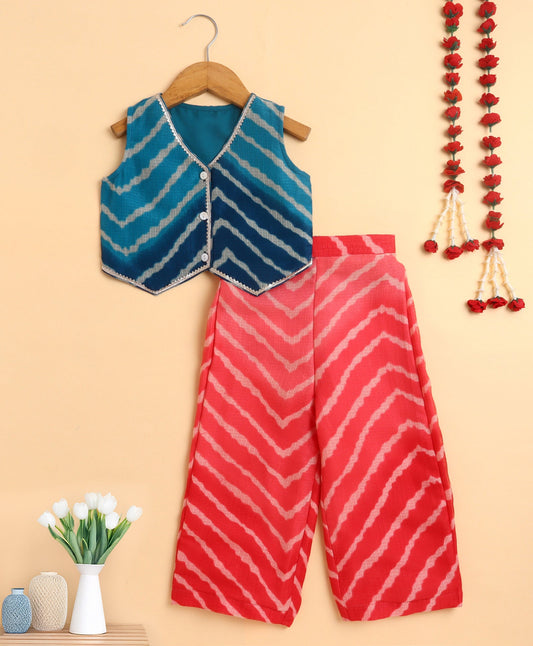 The Magic Wand Sleeveless Zig Zag Printed Waist Coat and Plazzo Set - Blue