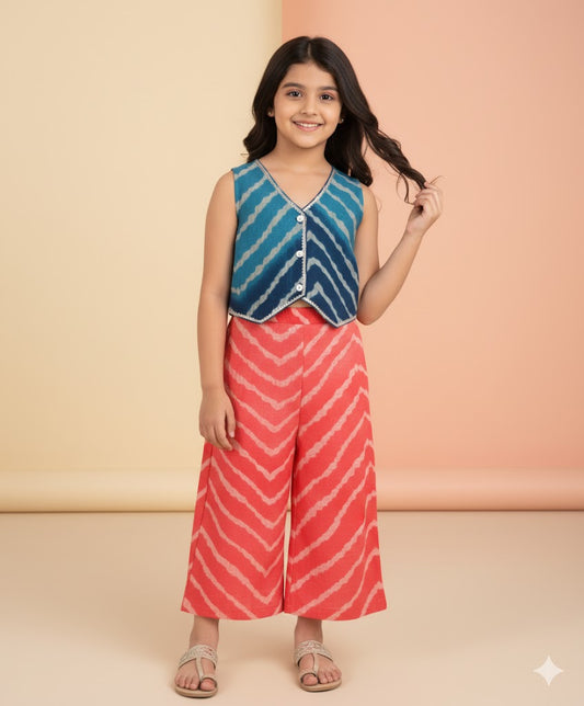 Sleeveless Zig Zag Printed Waist Coat and Plazzo Set - Blue