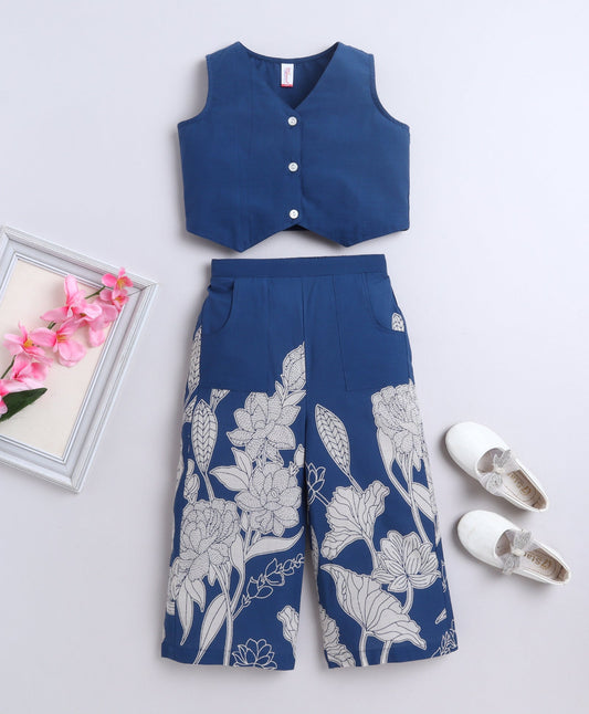 The Magic Wand Cambric Cotton Prineted Sleeveless waistcoat Top and Bottom Set-  Teal Blue