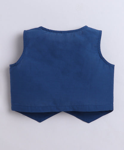 The Magic Wand Cambric Cotton Prineted Sleeveless waistcoat Top and Bottom Set-  Teal Blue