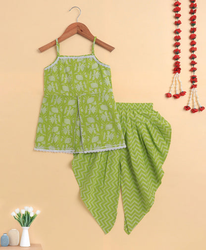 The Magic Wand Cambric Cotton printed Singlet Front Slit Kurta and Dhoti Set - Green