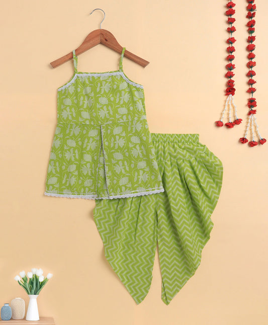The Magic Wand Cambric Cotton printed Singlet Front Slit Kurta and Dhoti Set - Green
