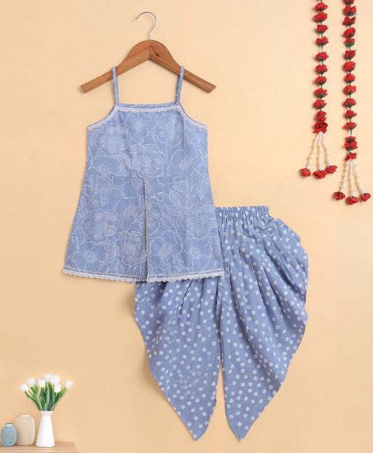 The Magic Wand Cambric Cotton printed Singlet Front Slit Kurta and Dhoti Set - Blue