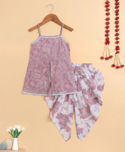 The Magic Wand Cambric Cotton printed Singlet Front Slit Kurta and Dhoti Set - Pink