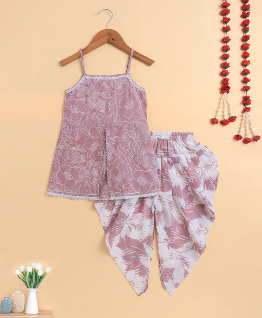 The Magic Wand Cambric Cotton printed Singlet Front Slit Kurta and Dhoti Set - Pink