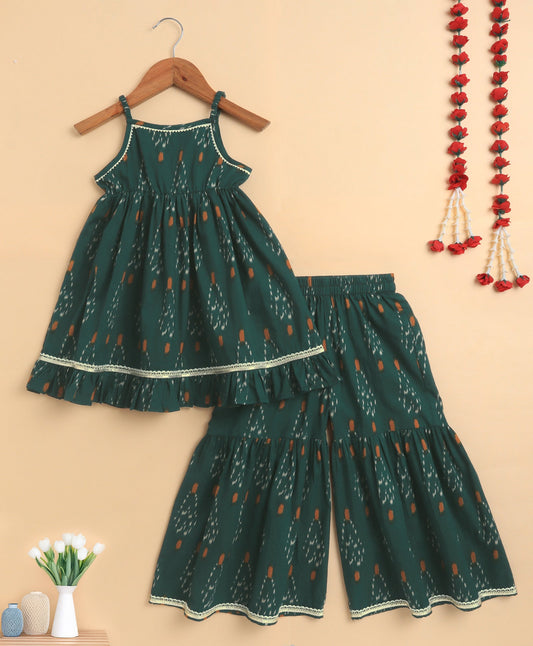 The Magic Wand Cambric Cotton Singlet Ikat Printed Kurta and Sharara Set - Teal Blue