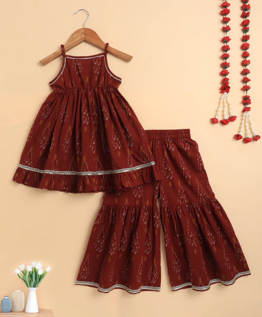 The Magic Wand Cambric Cotton Singlet Ikat Printed Kurta and Sharara Set - Red