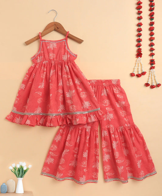 The Magic Wand Cambric Cotton Singlet Floral Printed Kurta and Sharara Set - Pink