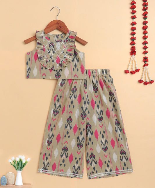 The Magic Wand Cambric Cotton Sleeveless Ikat Printed Frill with Gota Top and Plazzo Set - Grey