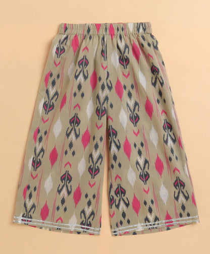 The Magic Wand Cambric Cotton Sleeveless Ikat Printed Frill with Gota Top and Plazzo Set - Grey