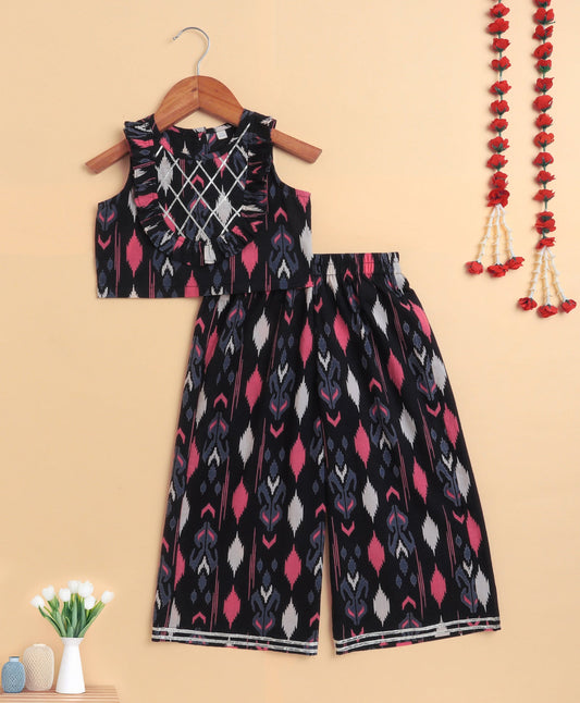 The Magic Wand Cambric Cotton Sleeveless Ikat Printed Frill with Gota Top and Plazzo Set - Navy Blue