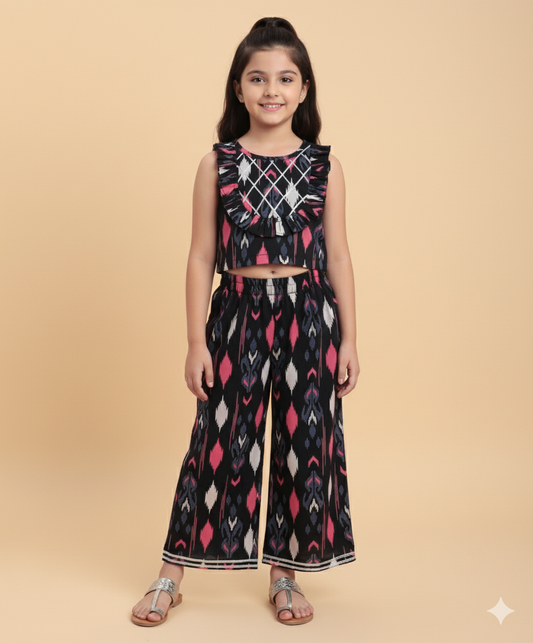 Cambric Cotton Sleeveless Ikat Printed Frill with Gota Top and Plazzo Set - Navy Blue
