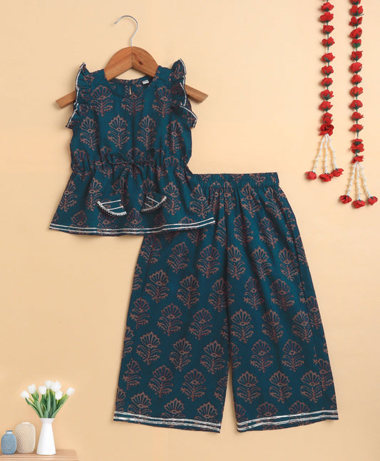 The Magic Wand Cambric Cotton Frill Sleeves Floral Printed Top and Bottom Co-ord Set- Teal Blue