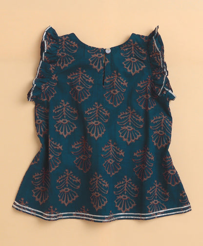 The Magic Wand Cambric Cotton Frill Sleeves Floral Printed Top and Bottom Co-ord Set- Teal Blue