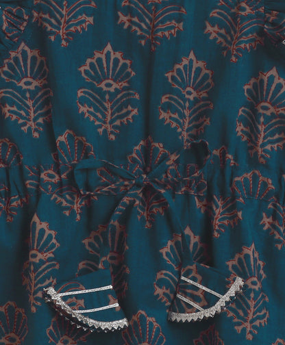 The Magic Wand Cambric Cotton Frill Sleeves Floral Printed Top and Bottom Co-ord Set- Teal Blue