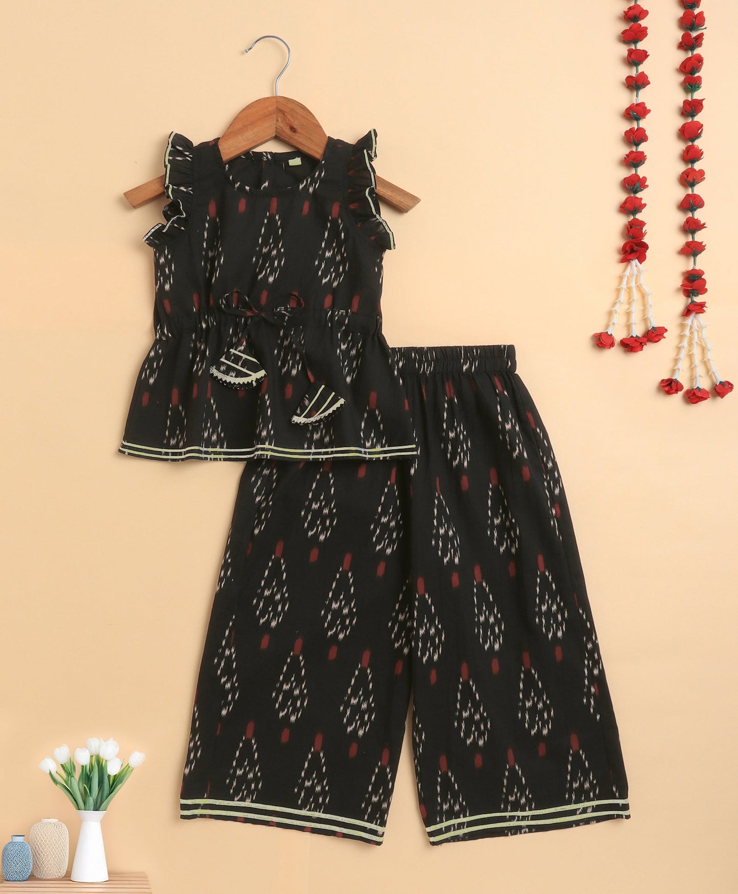 The Magic Wand Cambric Cotton Frill Sleeves Ikat Printed Top and Bottom Co-ord Set- Black