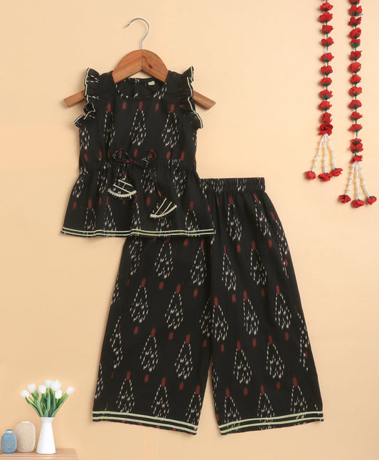 The Magic Wand Cambric Cotton Frill Sleeves Ikat Printed Top and Bottom Co-ord Set- Black