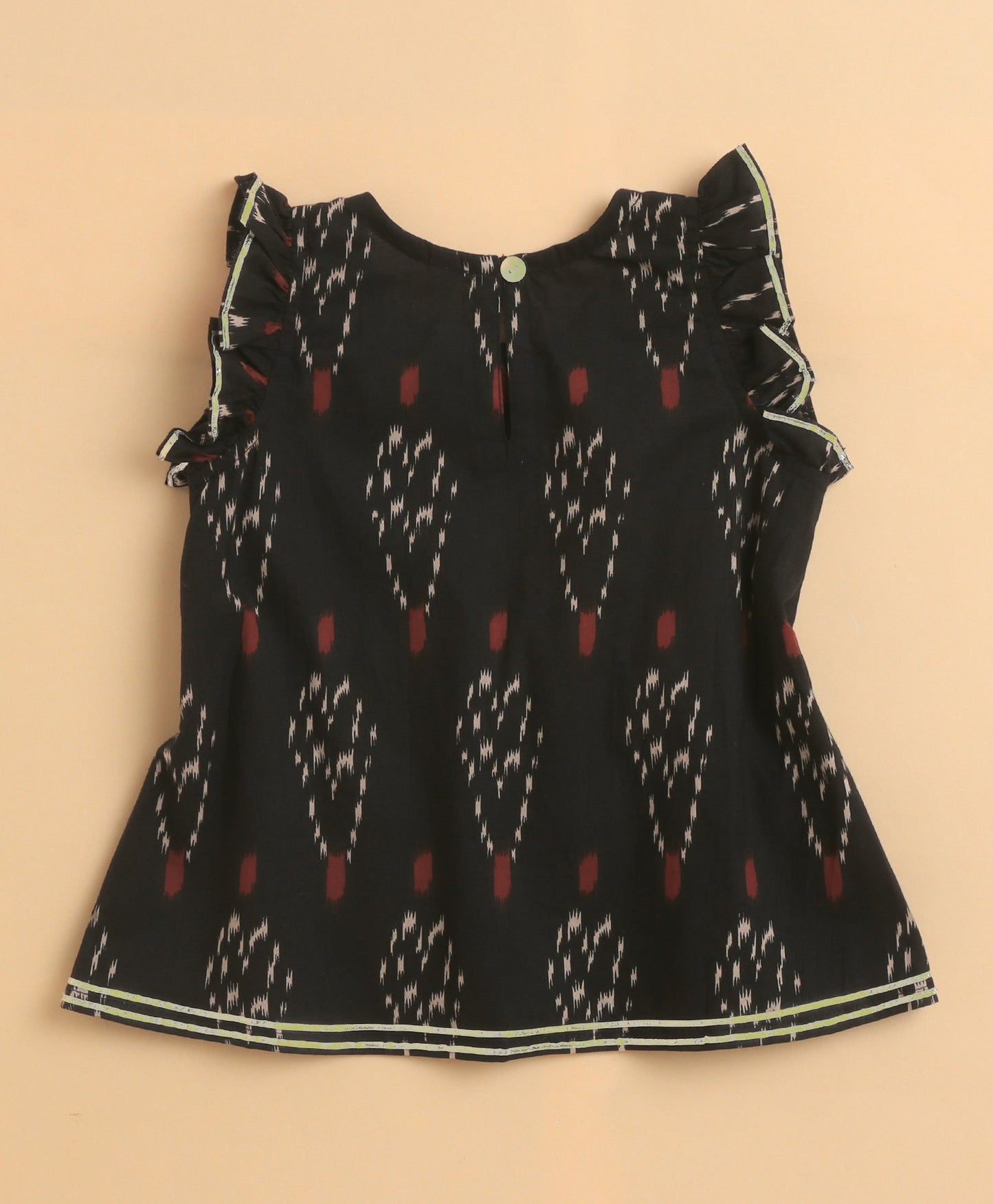 The Magic Wand Cambric Cotton Frill Sleeves Ikat Printed Top and Bottom Co-ord Set- Black