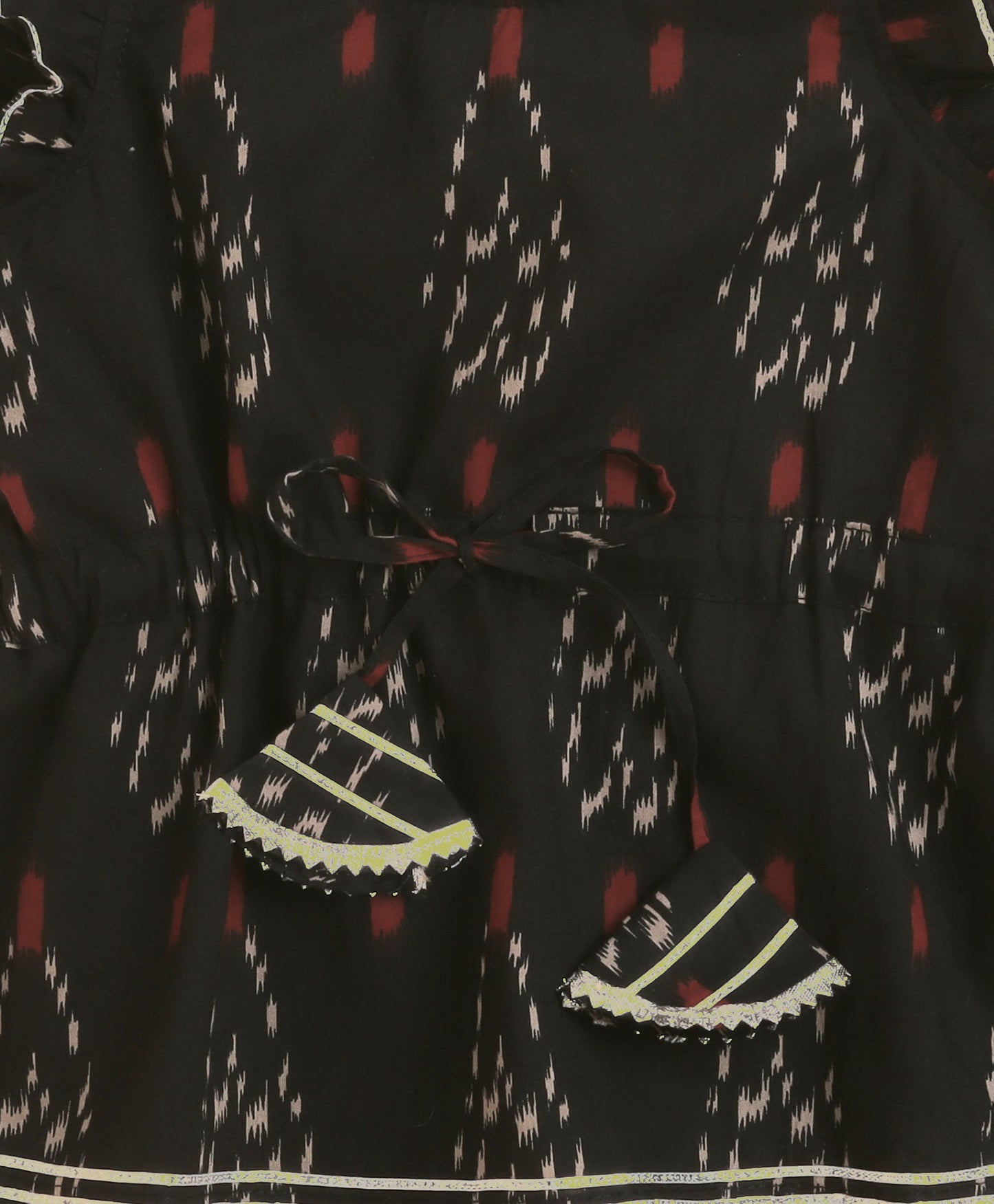 The Magic Wand Cambric Cotton Frill Sleeves Ikat Printed Top and Bottom Co-ord Set- Black
