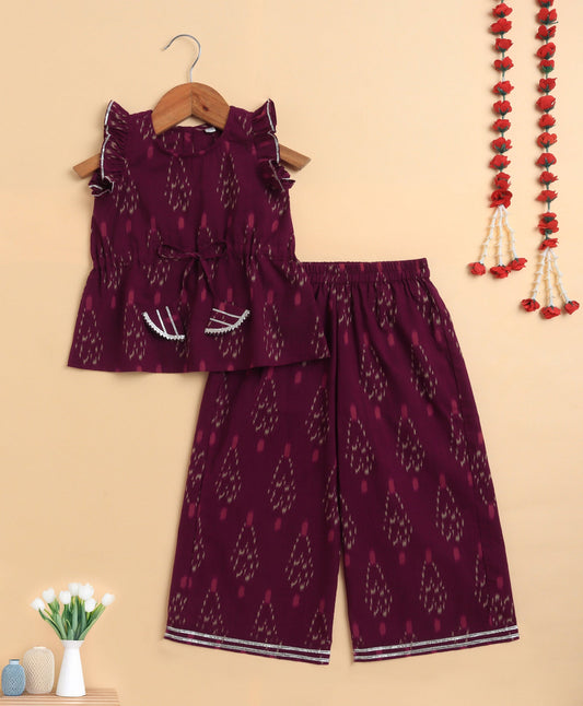 The Magic Wand Cambric Cotton Frill Sleeves Ikat Printed Top and Bottom Co-ord Set- Wine