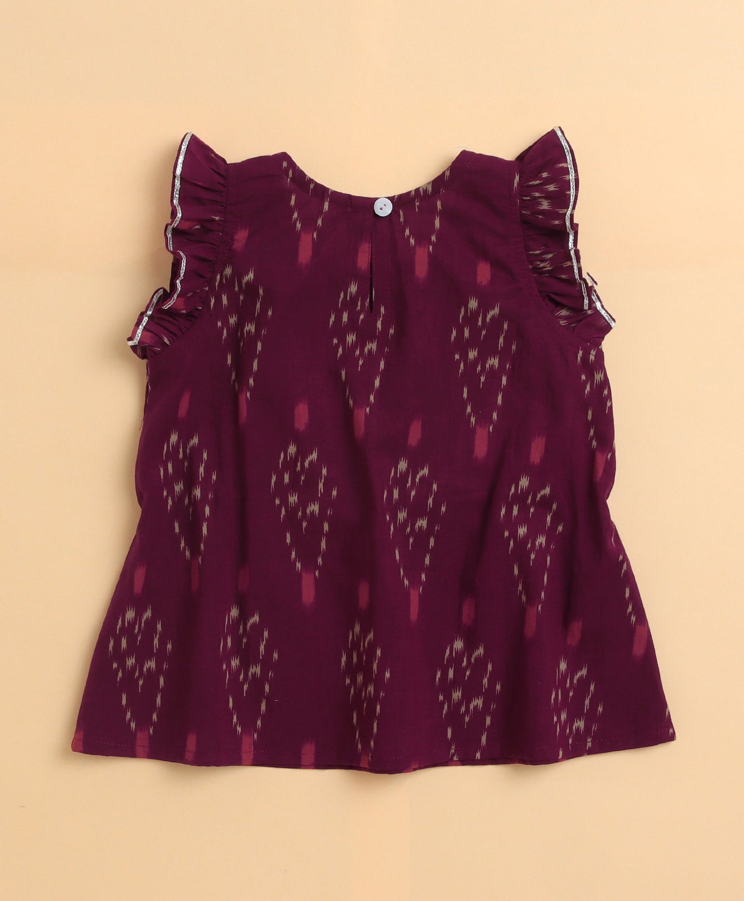 The Magic Wand Cambric Cotton Frill Sleeves Ikat Printed Top and Bottom Co-ord Set- Wine