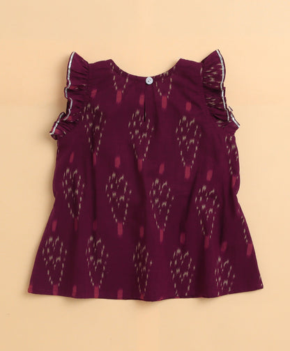 The Magic Wand Cambric Cotton Frill Sleeves Ikat Printed Top and Bottom Co-ord Set- Wine