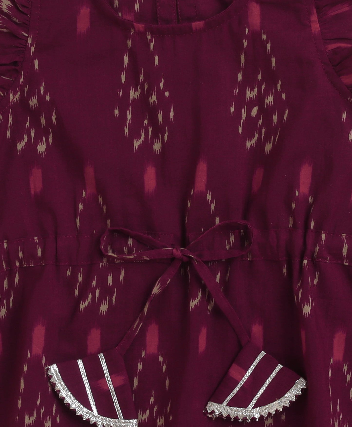 The Magic Wand Cambric Cotton Frill Sleeves Ikat Printed Top and Bottom Co-ord Set- Wine